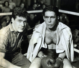 Movie still of Kid Monk Baroni  Photo shows Leonard Nimoy, right, in boxing attire with Jack Larson at left.